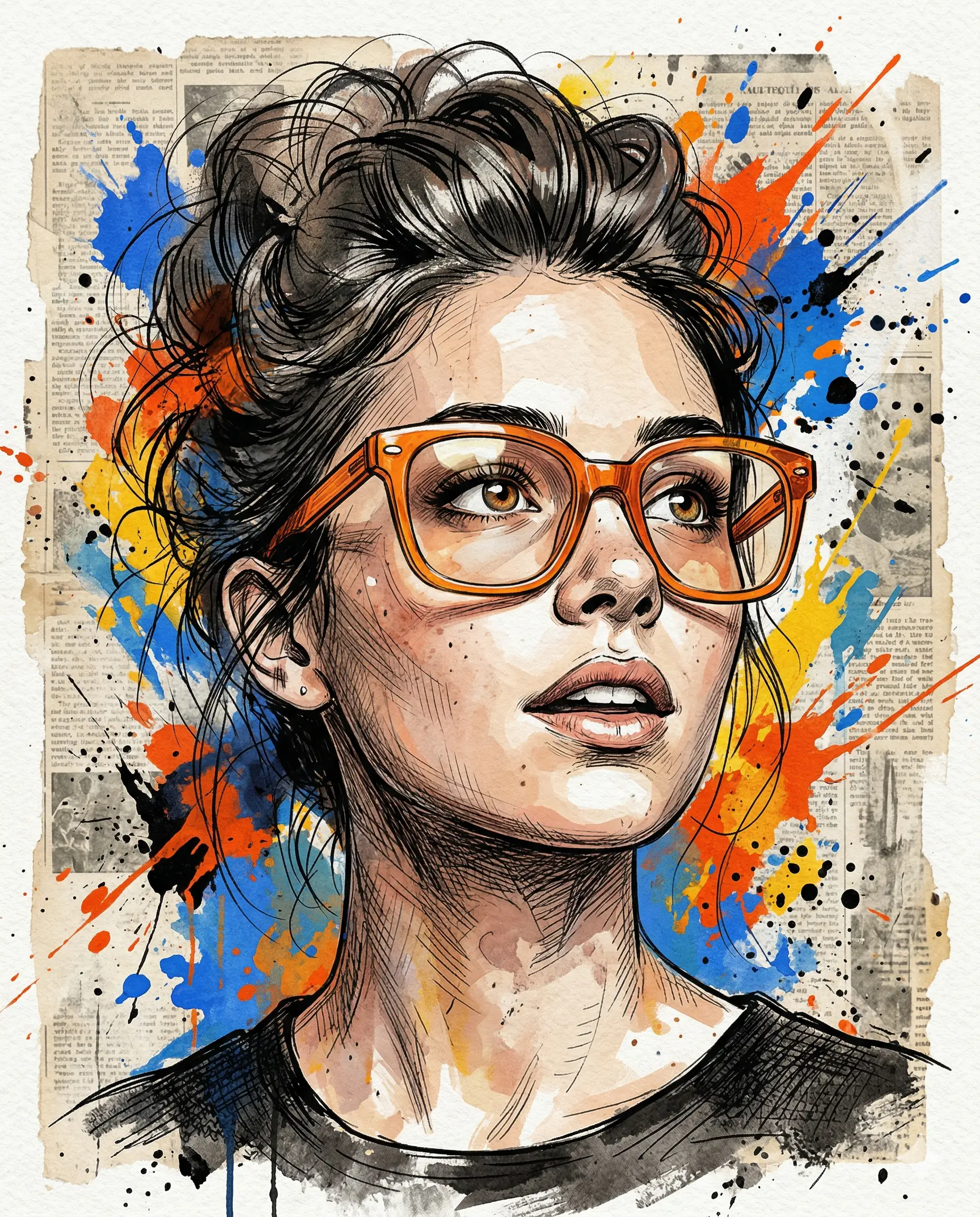 AI generated digital art portrait of a woman with a messy bun and bold orange eyewear, accented by vibrant paint splatters on a vintage newspaper background.