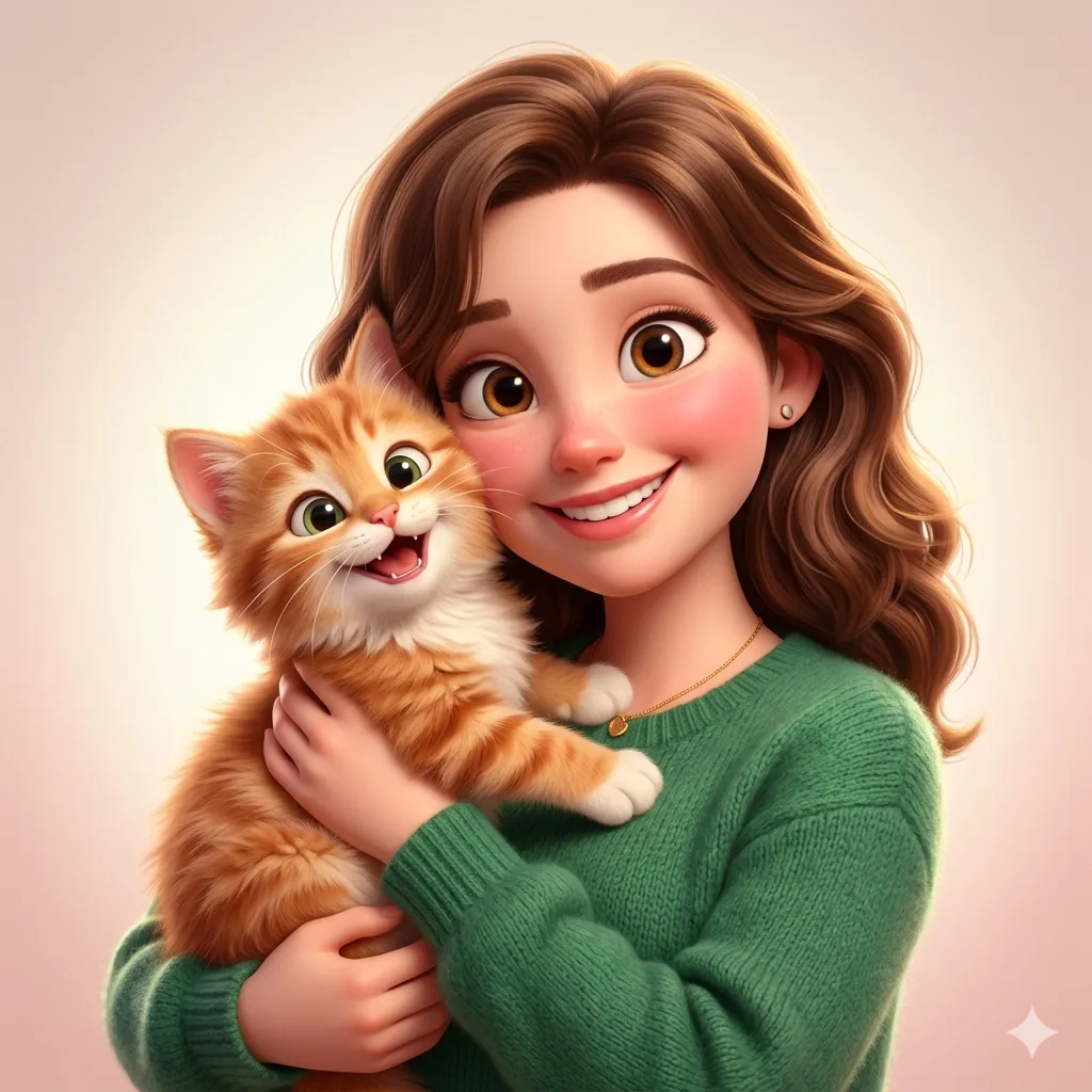 AI Photo Editing Prompt. AI generated digital illustration of a smiling woman with wavy brown hair hugging a fluffy orange tabby cat.