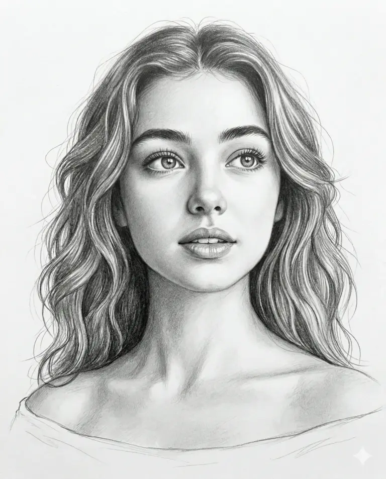 Woman with Wavy Hair Pencil Sketch Art Prompt. AI generated pencil sketch portrait of a young woman with long wavy hair looking gently upwards.