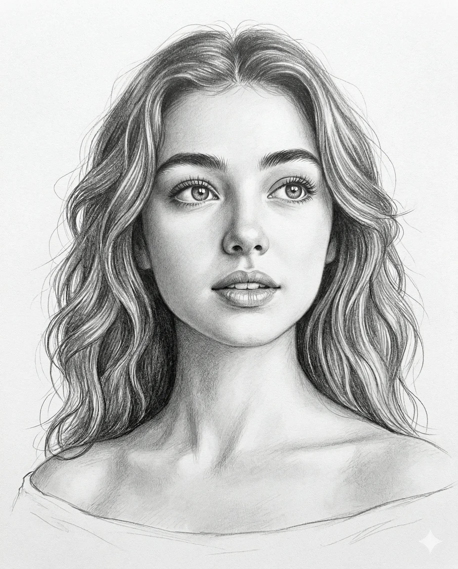 Woman with Wavy Hair Pencil Sketch Art Prompt. AI generated pencil sketch portrait of a young woman with long wavy hair looking gently upwards.