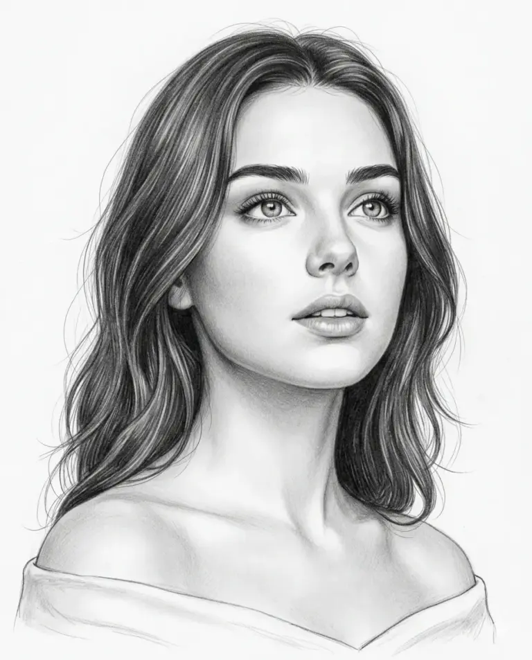 Young Woman Pencil Sketch AI Photo Editing Prompt. AI generated pencil sketch illustration of a young woman with long wavy hair gazing upwards in a realistic portrait style.