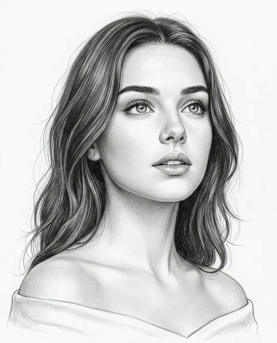 Young Woman Pencil Sketch AI Photo Editing Prompt. AI generated pencil sketch illustration of a young woman with long wavy hair gazing upwards in a realistic portrait style.