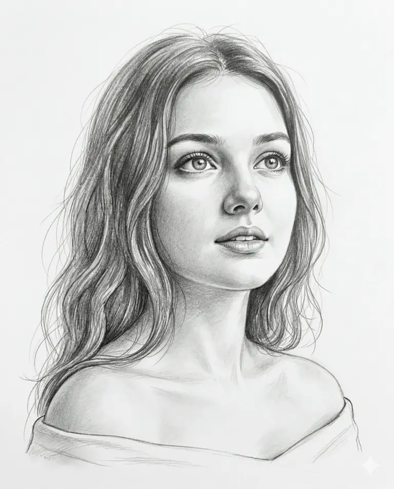 Detailed Graphite Portrait Prompt. AI generated graphite pencil drawing portrait of a young woman with long wavy hair looking upwards with soft, realistic shading.