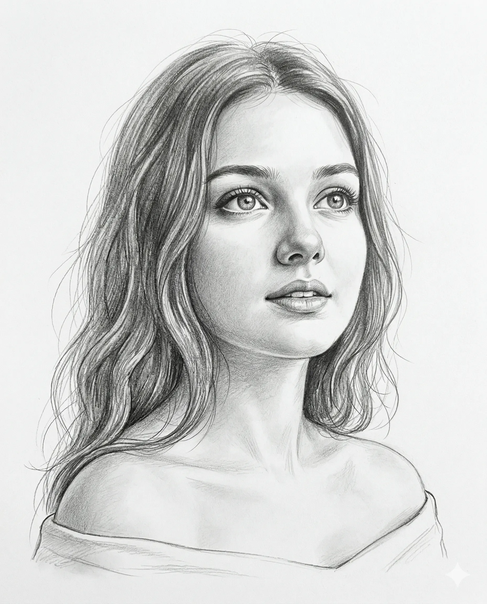 Detailed Graphite Portrait Prompt. AI generated graphite pencil drawing portrait of a young woman with long wavy hair looking upwards with soft, realistic shading.