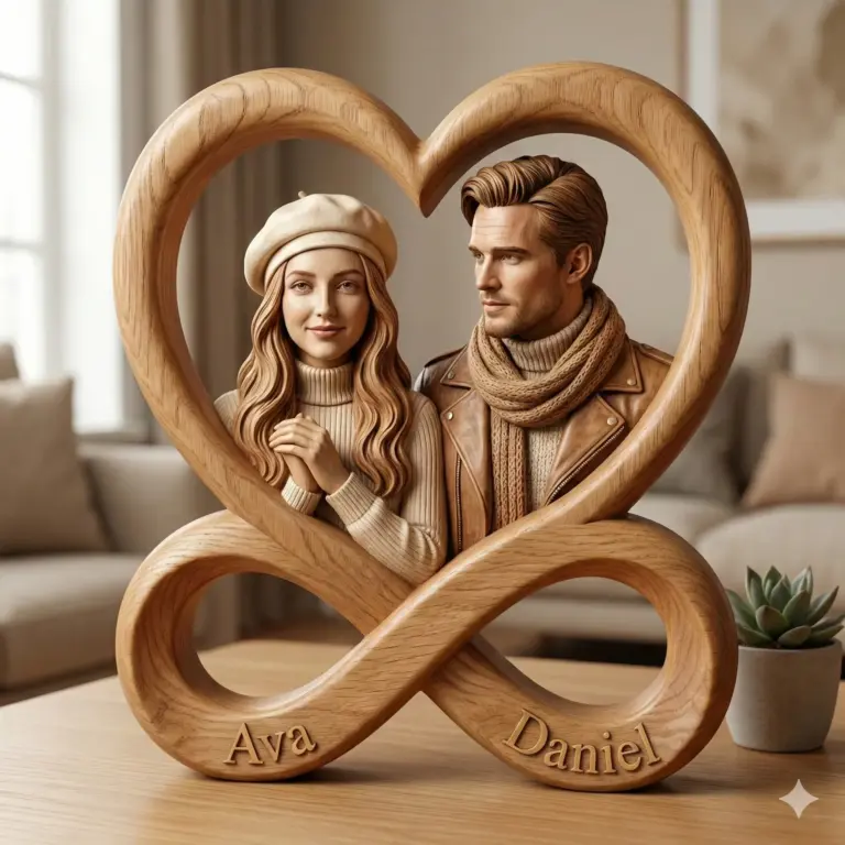 Wooden sculpture of a couple framed by a heart, resting on an infinity base engraved with "Ava" and "Daniel."