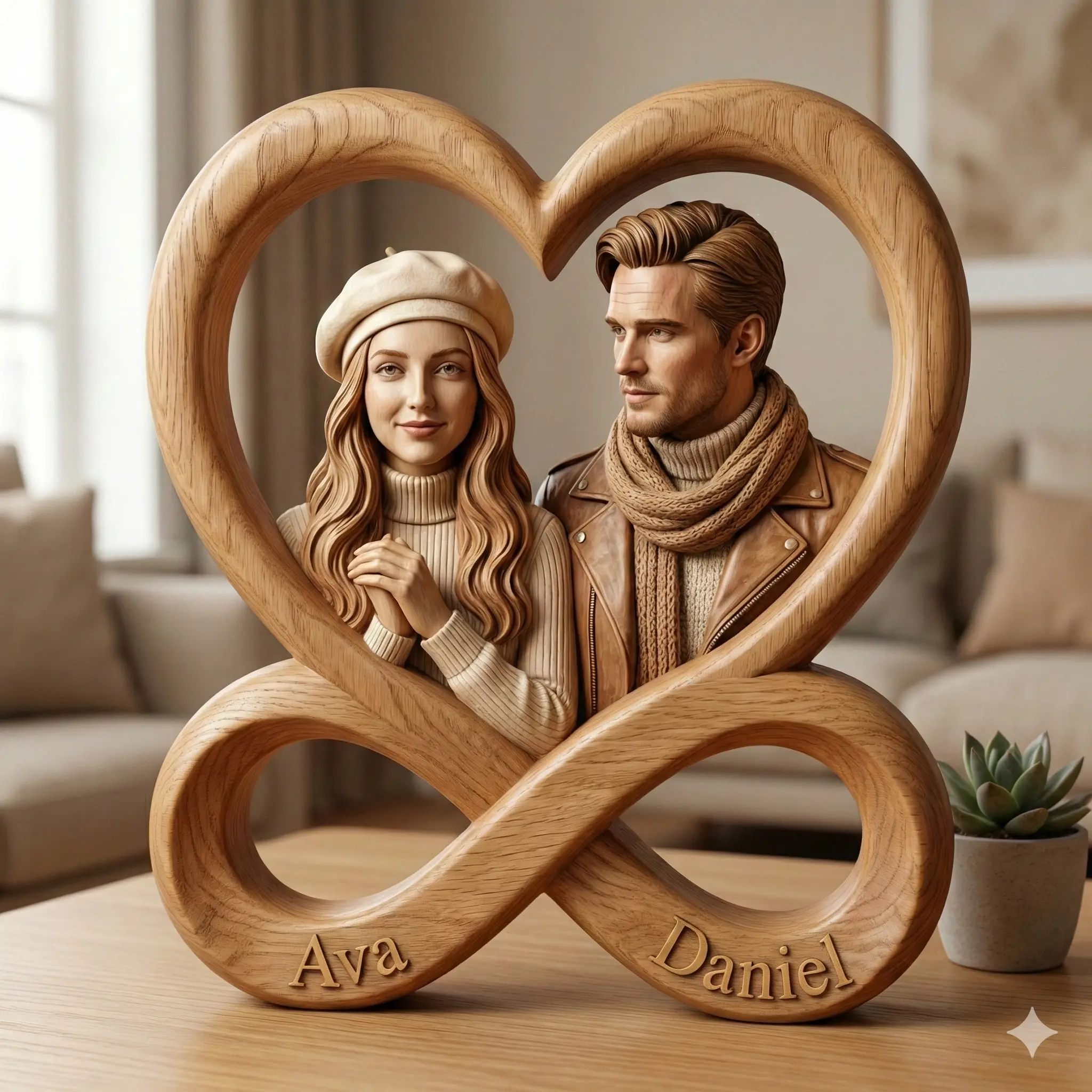 Wooden sculpture of a couple framed by a heart, resting on an infinity base engraved with "Ava" and "Daniel."