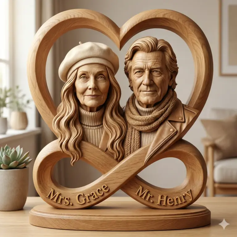 A detailed wooden sculpture of an elderly couple inside a heart, set on an infinity base with the names "Mrs. Grace" and "Mr. Henry." Features realistic textures and warm lighting.