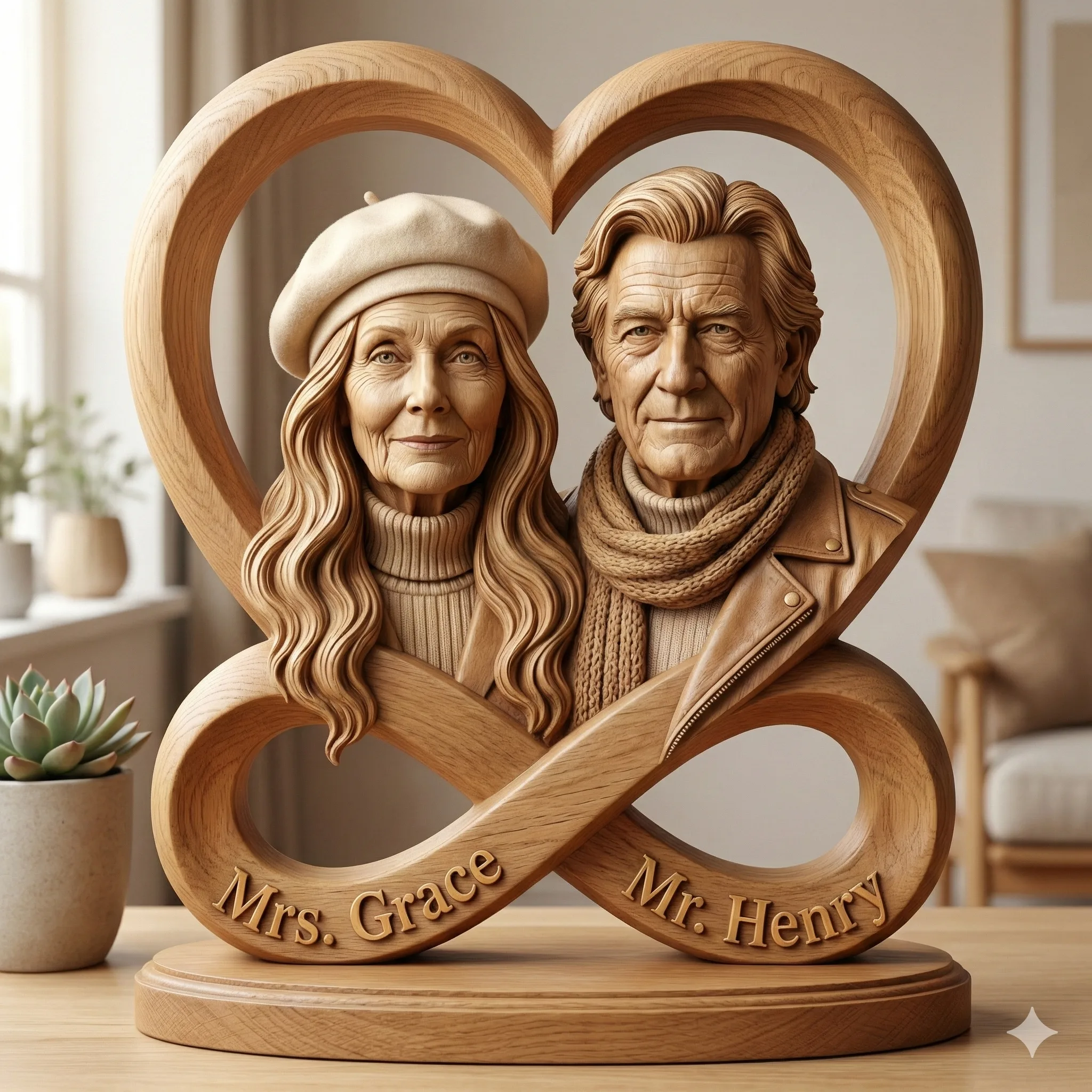 A detailed wooden sculpture of an elderly couple inside a heart, set on an infinity base with the names "Mrs. Grace" and "Mr. Henry." Features realistic textures and warm lighting.
