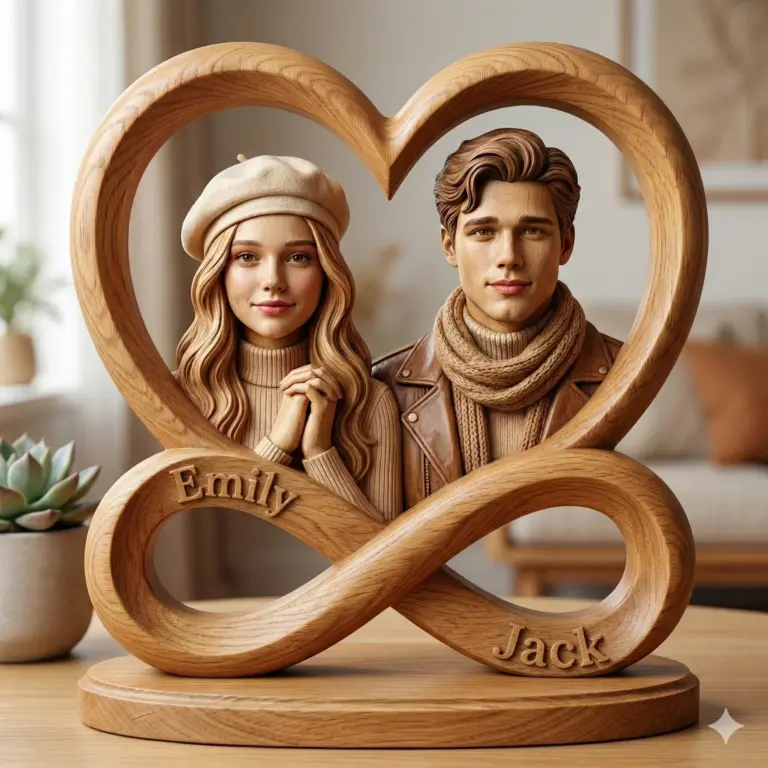 Wooden sculpture of a couple within a heart-shaped frame that merges into an infinity symbol base. Features names "Emily" and "Jack" with realistic wood textures.