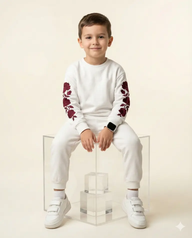 Young boy in a white tracksuit with rose embroidery, sitting on a clear acrylic cube. He wears white sneakers and a smartwatch against a minimalist background.