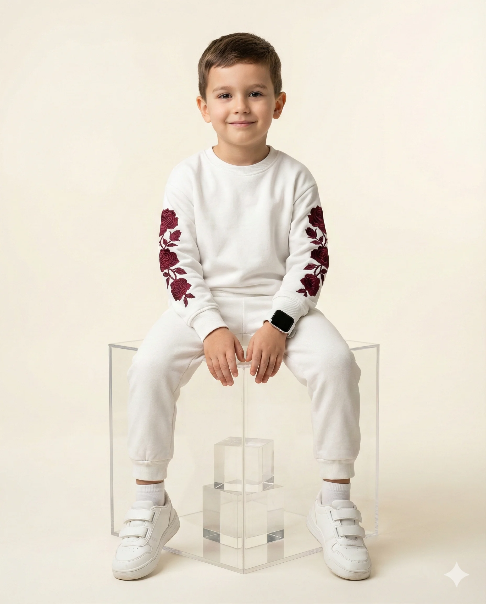 Young boy in a white tracksuit with rose embroidery, sitting on a clear acrylic cube. He wears white sneakers and a smartwatch against a minimalist background.