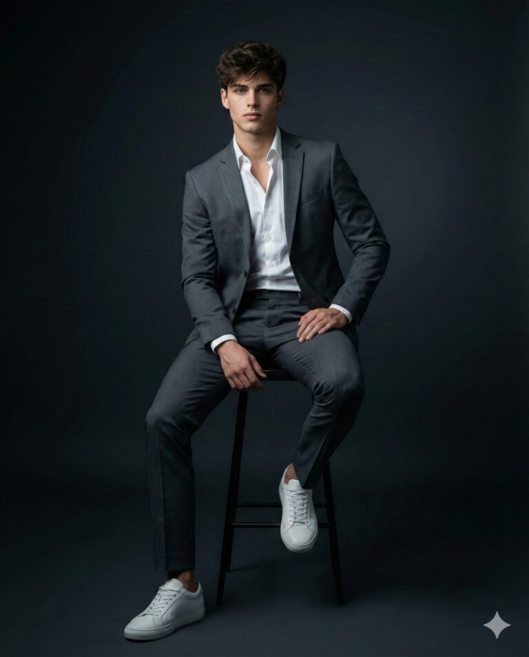 A young man in a grey suit and white sneakers sits confidently on a stool against a dark studio background.