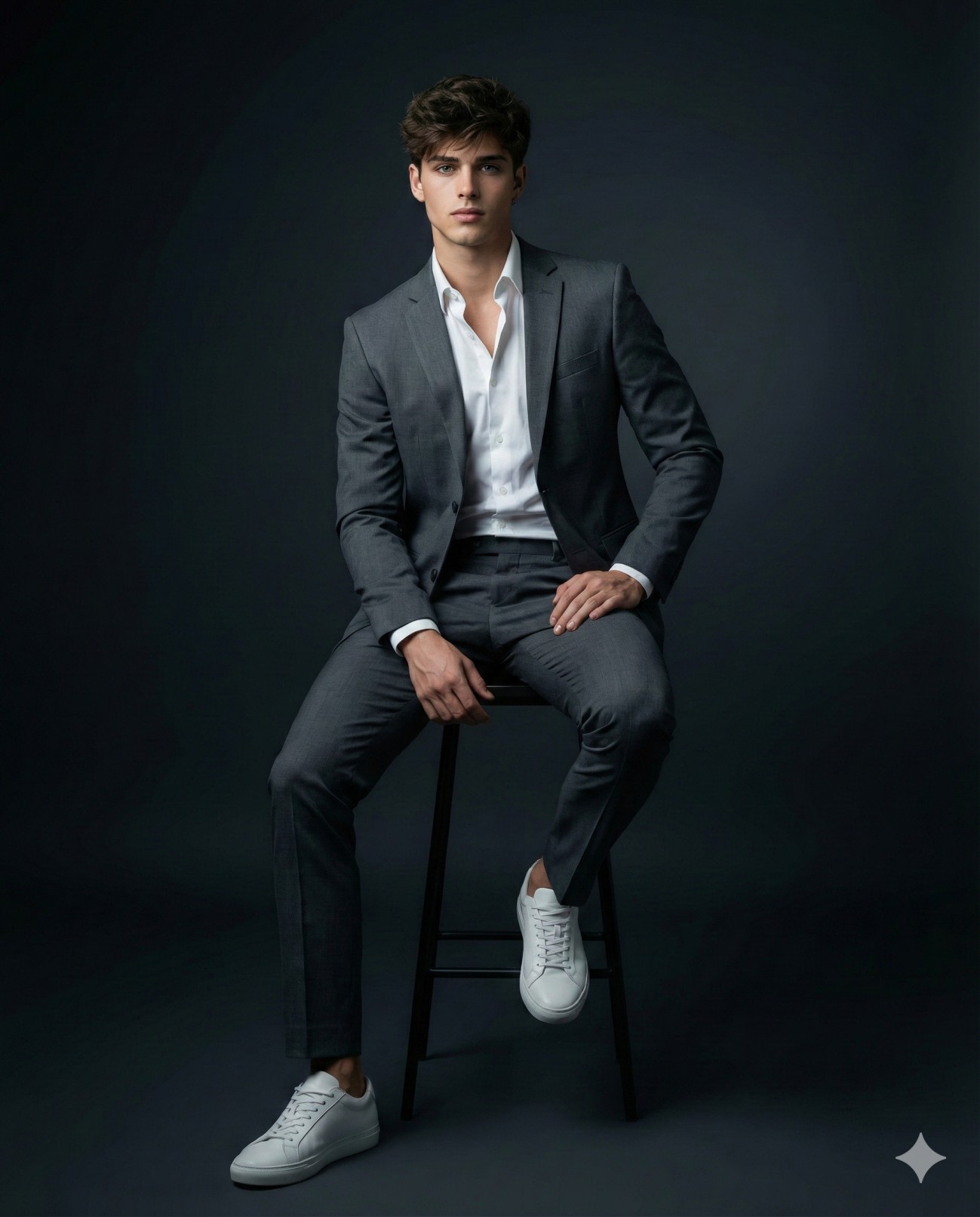 A young man in a grey suit and white sneakers sits confidently on a stool against a dark studio background.