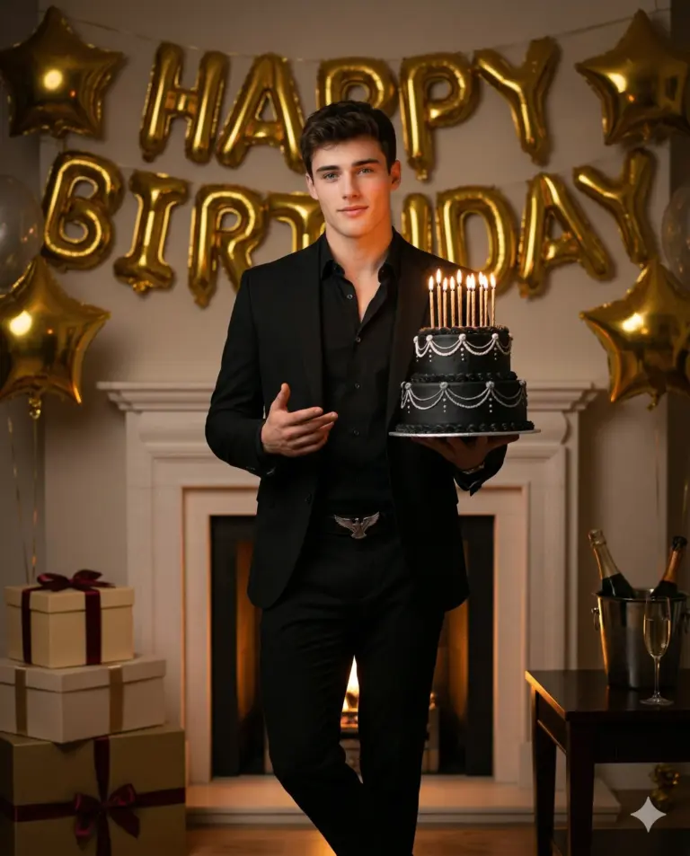 Man with Birthday Cake AI Photo Editing Prompt. AI generated portrait of a young man in a black suit holding a two-tier black cake with lit candles in a room decorated with gold balloons and a fireplace.