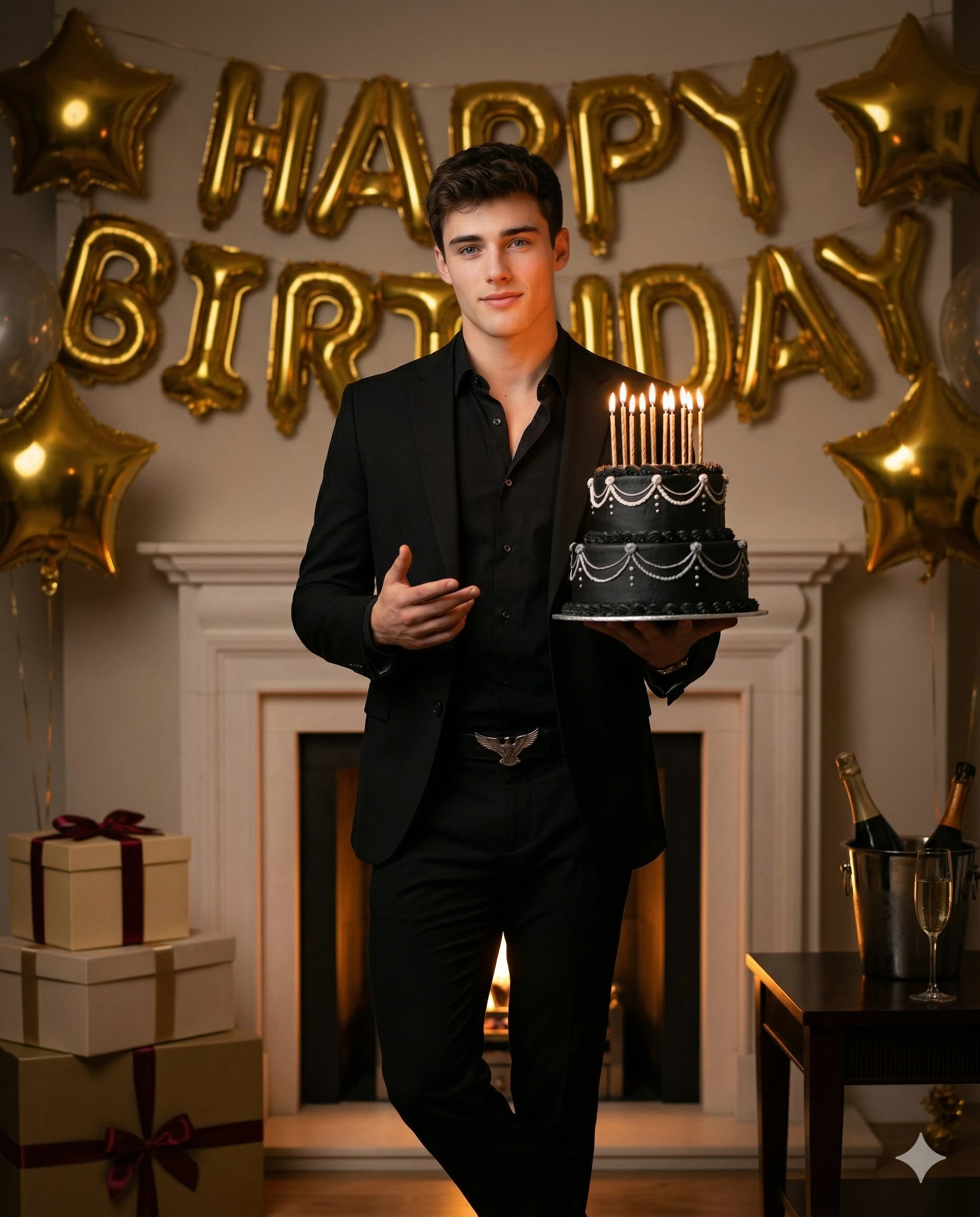 Man with Birthday Cake AI Photo Editing Prompt. AI generated portrait of a young man in a black suit holding a two-tier black cake with lit candles in a room decorated with gold balloons and a fireplace.