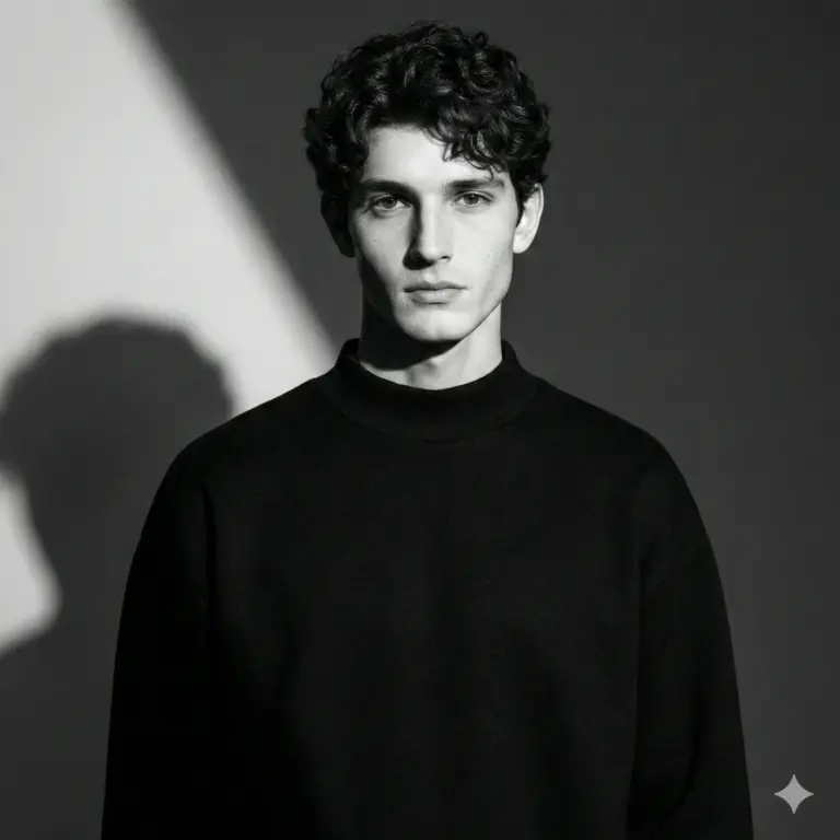 Black and white close-up of a young man with dark curly hair wearing a black sweater, featuring a sharp diagonal shadow on the background.
