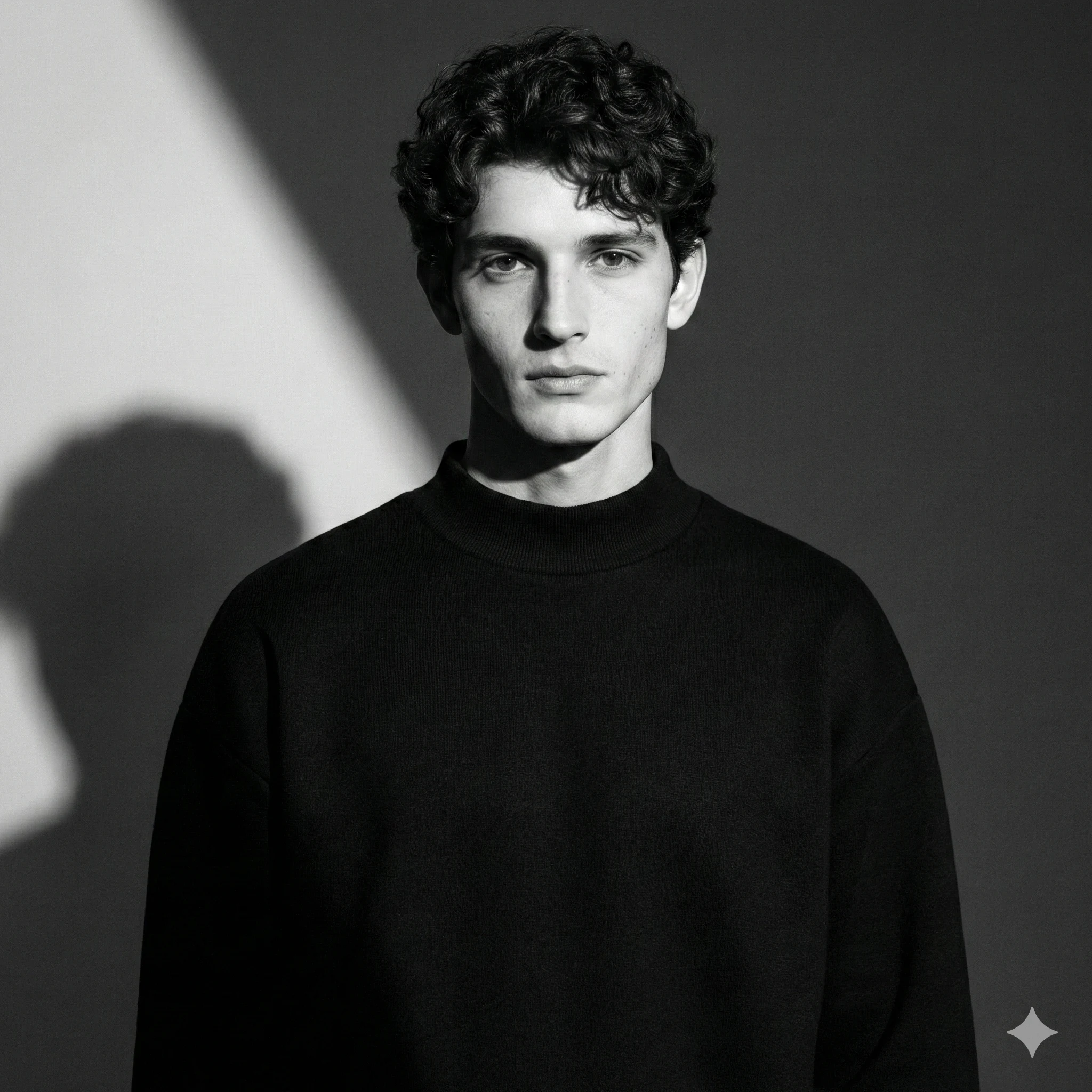 Black and white close-up of a young man with dark curly hair wearing a black sweater, featuring a sharp diagonal shadow on the background.