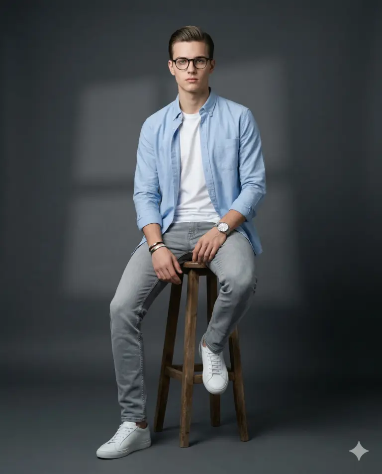 Young Man in Blue Shirt AI Photo Editing Prompt. AI generated studio portrait of a stylish young man wearing a light blue shirt, grey jeans, and white sneakers while sitting on a wooden stool.