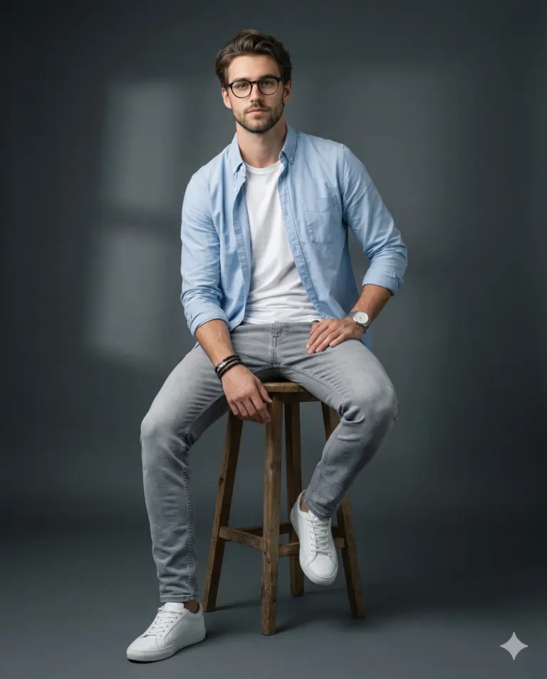 Young Man in Blue Shirt AI Photo Editing Prompt. AI generated studio portrait of a stylish young man wearing glasses and a light blue shirt, sitting on a wooden stool against a dark grey background.