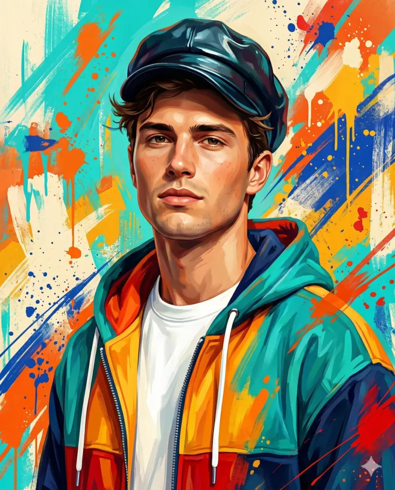 Man in Color-Block Hoodie with Cap AI Photo Editing Prompt. AI generated stylized digital illustration portrait of a young man with a dark leather cap and a vibrant color-block hoodie, standing against a dynamic abstract background of paint splashes and brushstrokes.