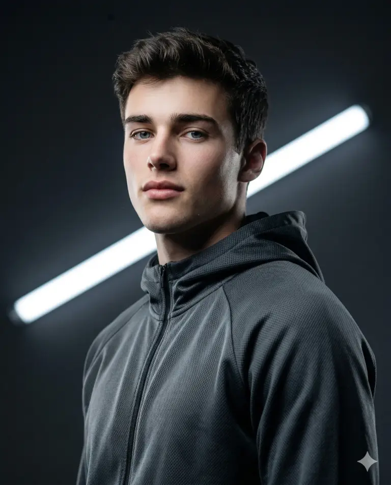 Hyper Realistic Young Man in Grey Hoodie AI Prompt. AI generated studio portrait of a young man wearing a textured grey zip-up hoodie against a dark backdrop with a diagonal neon tube light.