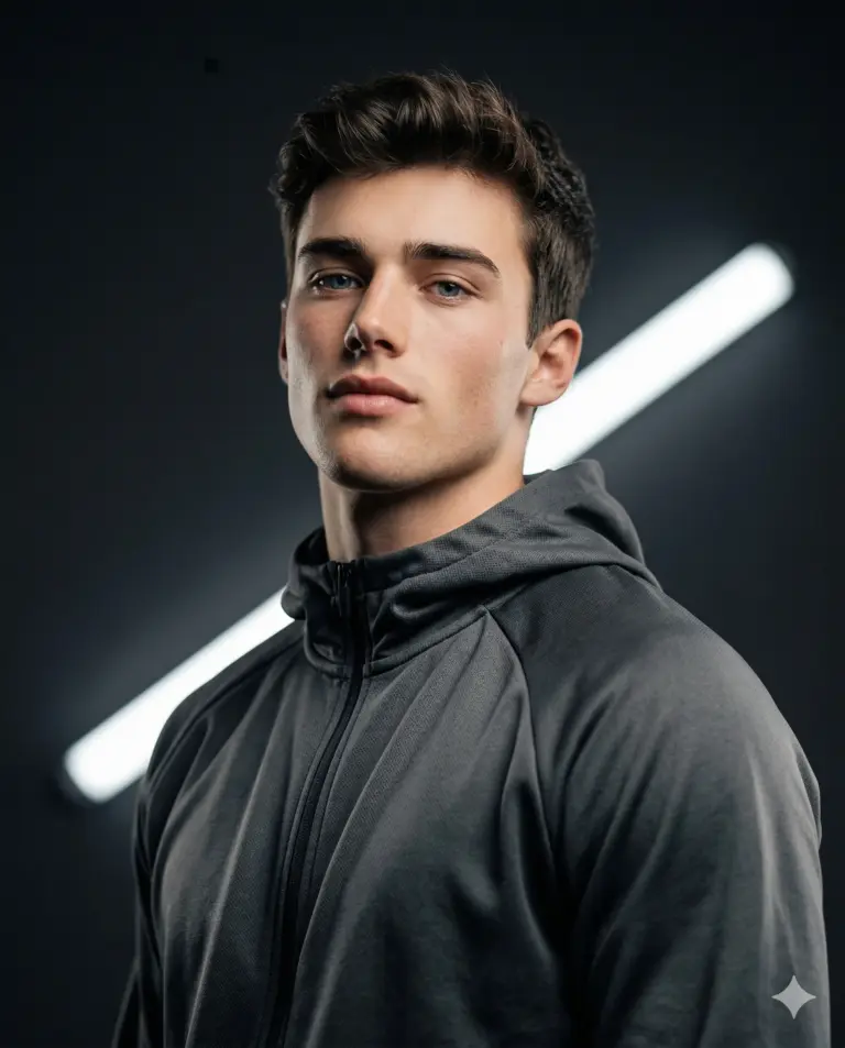 Young Man in Grey Hoodie AI Photo Editing Prompt. AI generated studio portrait of a young man wearing a grey zip-up hoodie against a dark background with a diagonal light bar.
