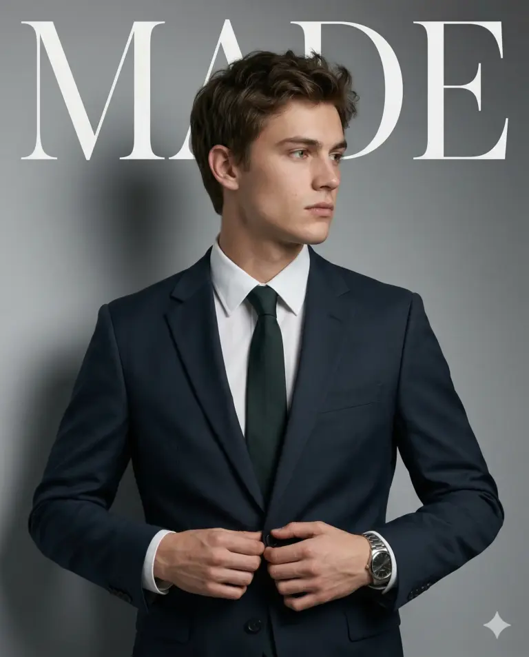 Fashion Photography Prompt. AI generated studio portrait of a young man in a dark navy suit and green tie adjusting his jacket button against a gray background with "MADE" text.