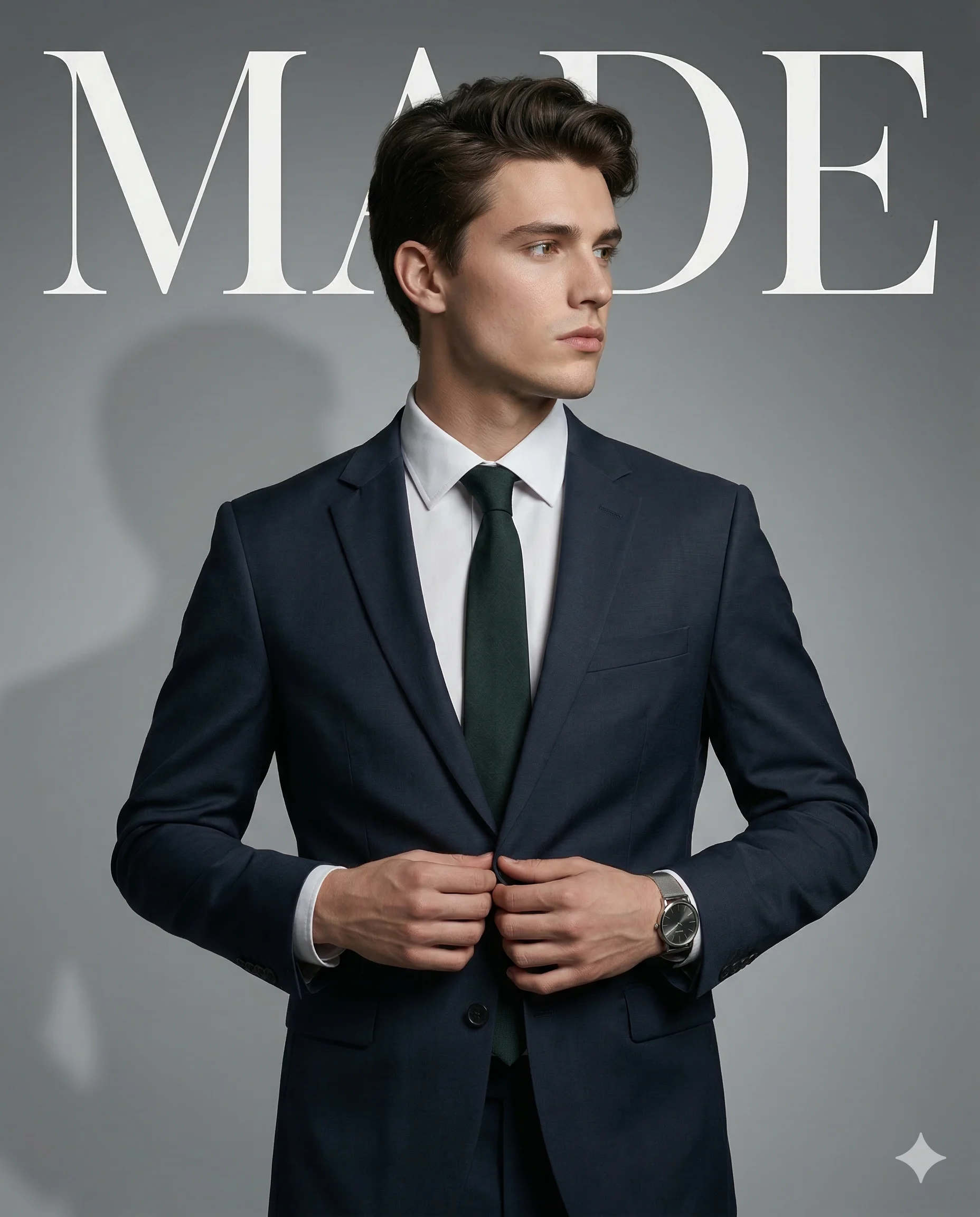 Young Man in Navy Suit AI Photo Editing Prompt. AI generated studio portrait of a sharp-featured young man in a navy blue suit and dark green tie adjusting his jacket against a grey background with "MADE" typography.