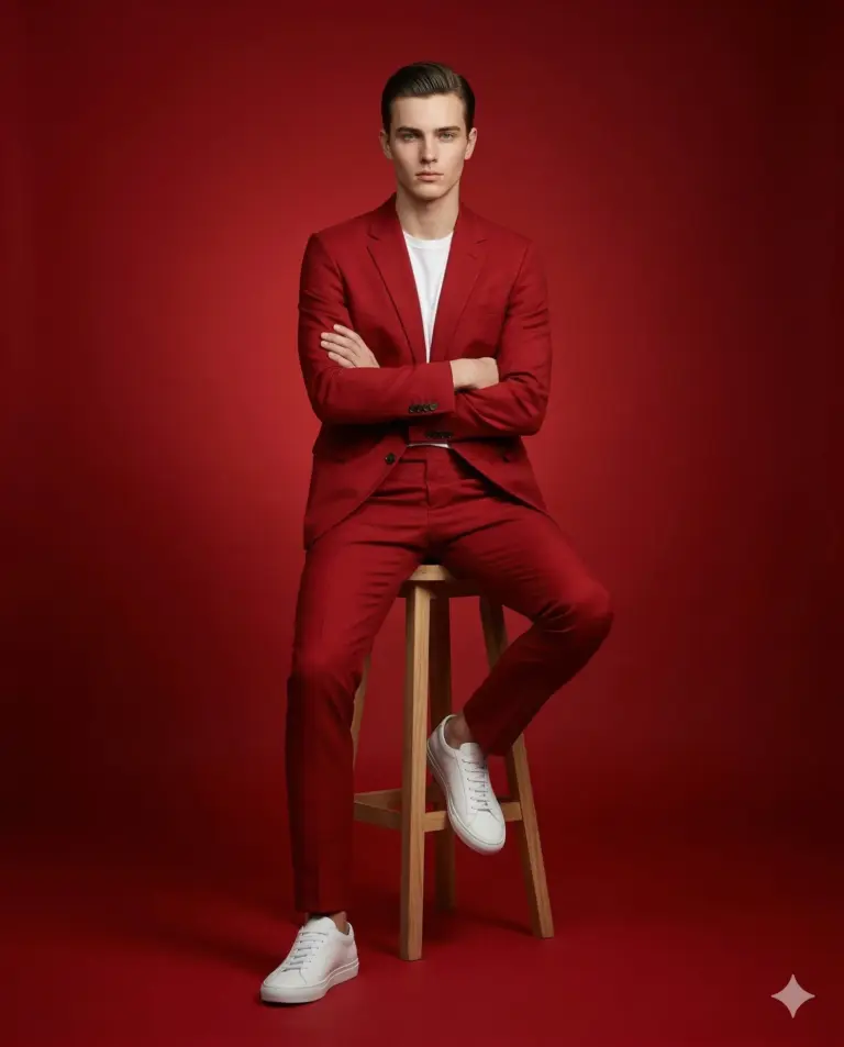 Man in Red Suit AI Photo Editing Prompt. AI generated studio portrait of a young man wearing a red suit and white sneakers while sitting on a wooden stool.
