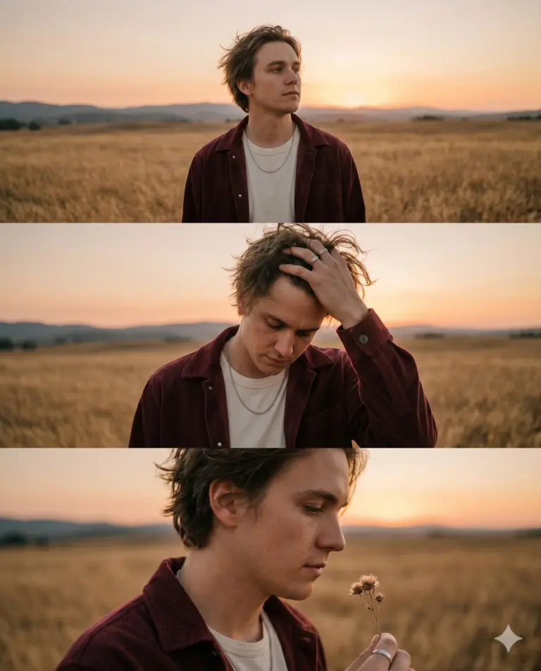 Man in Sunset Field Collage AI Photo Editing Prompt. AI generated collage portrait photograph of a young man with a burgundy shirt, posed in three views: looking right, hand-in-hair, and smelling a dry wildflower in a golden sunset field.
