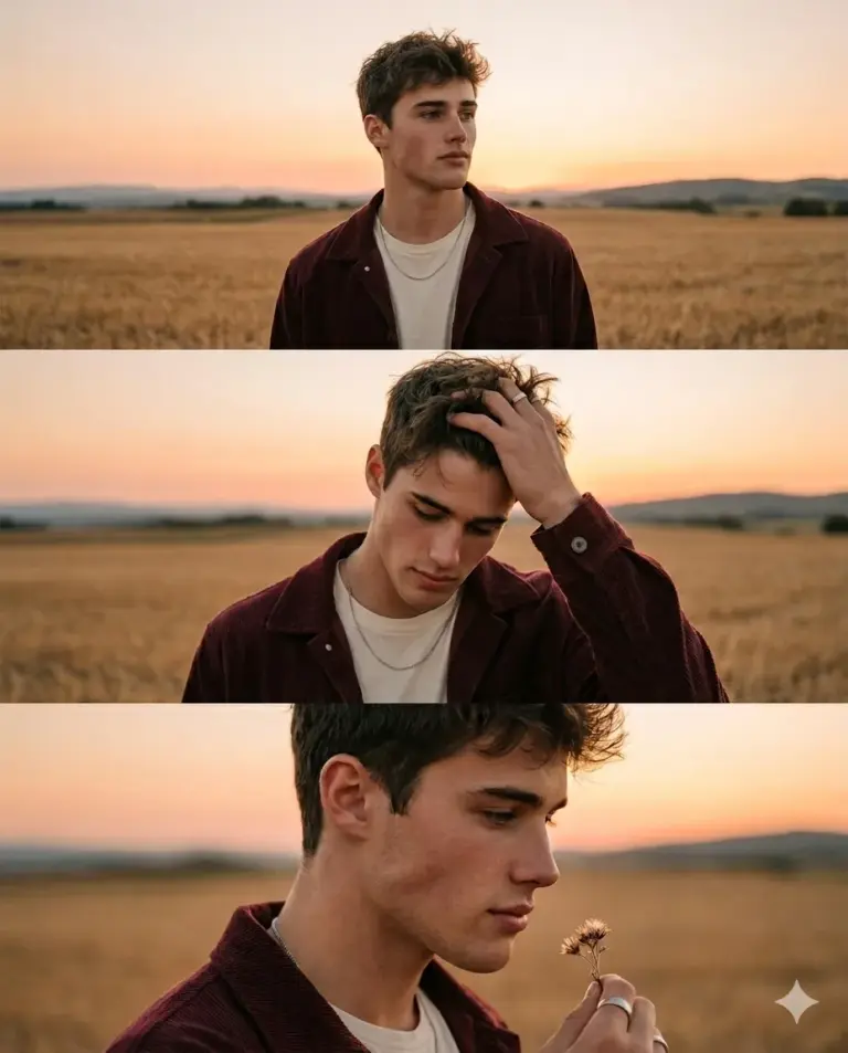 AI generated portrait series of a young man wearing a burgundy corduroy shirt posing in a golden wheat field at sunset, presented in three stacked panels showing him looking off-camera, adjusting his hair, and holding a dried flower.