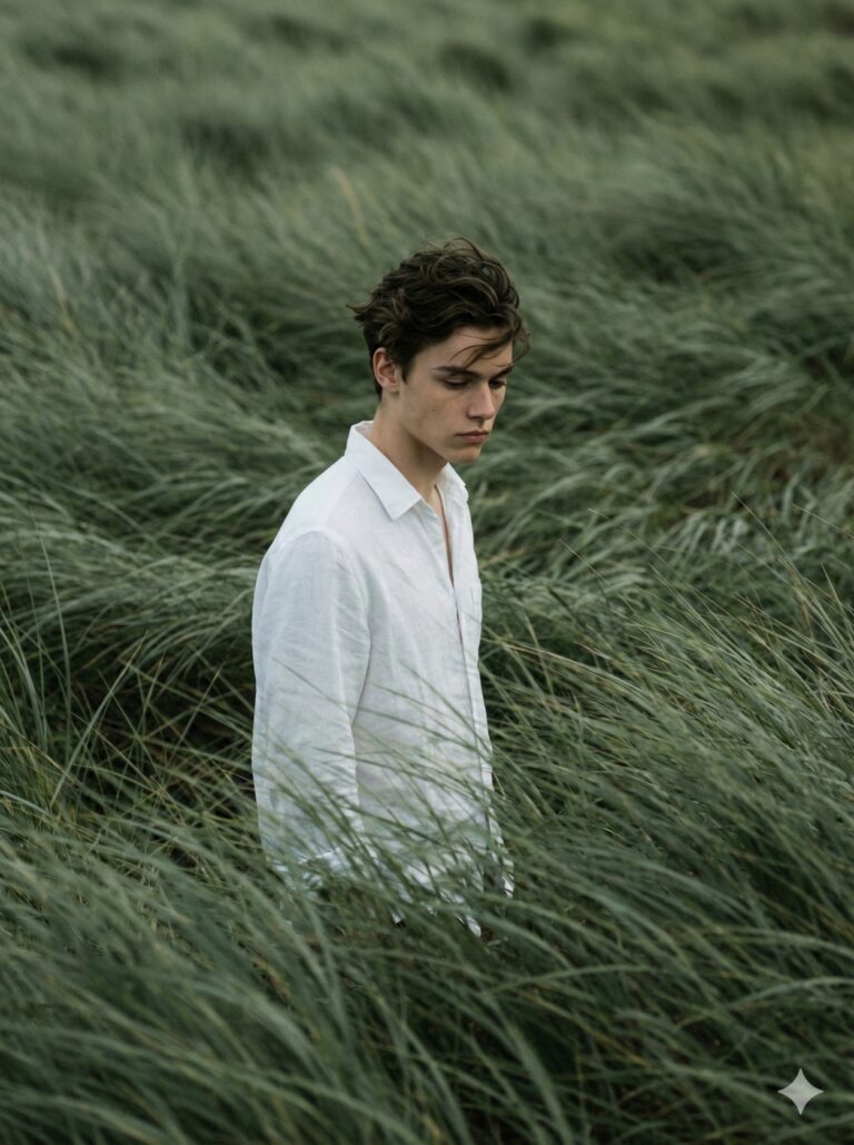 Young Man in Tall Grass AI Photo Editing Prompt. AI generated cinematic portrait of a young man in a white linen shirt standing amidst a field of tall swaying grass.