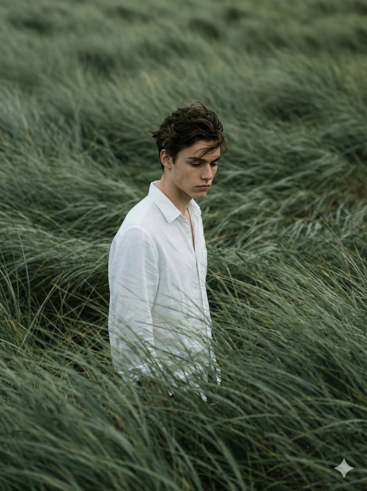 Young Man in Tall Grass AI Photo Editing Prompt. AI generated cinematic portrait of a young man in a white linen shirt standing amidst a field of tall swaying grass.
