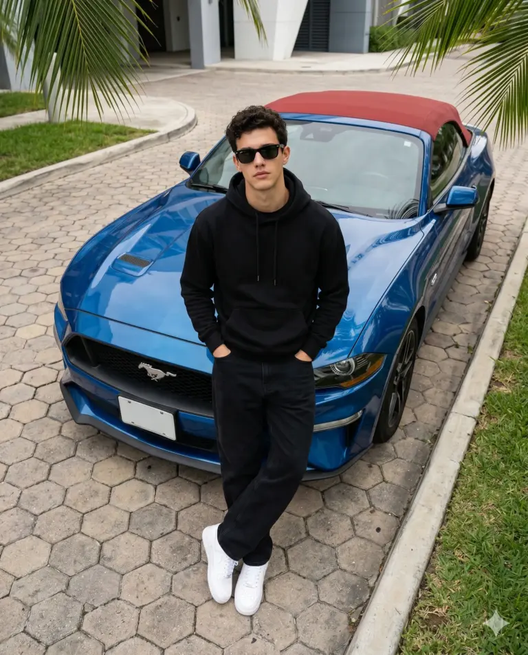Stylish Man Leaning on Blue Mustang AI Photo Editing Prompt. AI generated outdoor portrait of a young man in sunglasses and a black hoodie leaning against a blue Ford Mustang convertible on a paved driveway with palm trees.