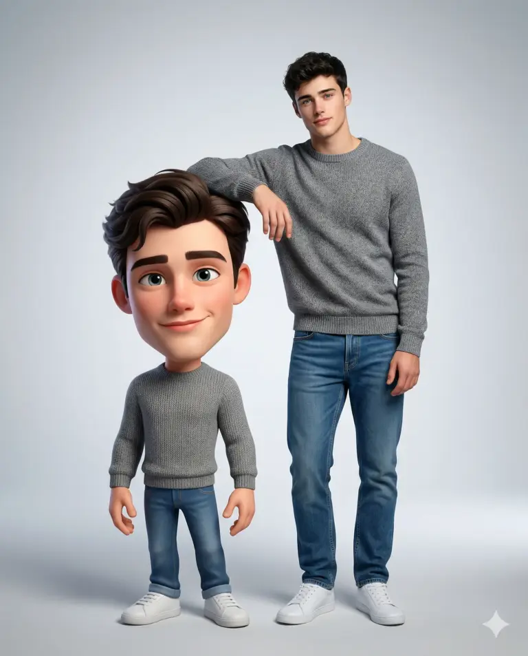 Man with 3D Cartoon Avatar AI Prompt. AI generated digital illustration of a young man in a grey sweater leaning on a large-headed 3D cartoon version of himself.