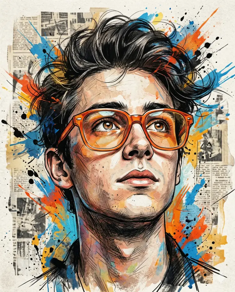 Artistic Man with Glasses AI Photo Editing Prompt. AI generated mixed-media digital illustration of a young man with messy hair and orange-framed glasses looking upward amidst vibrant watercolor splashes and newspaper collage elements.