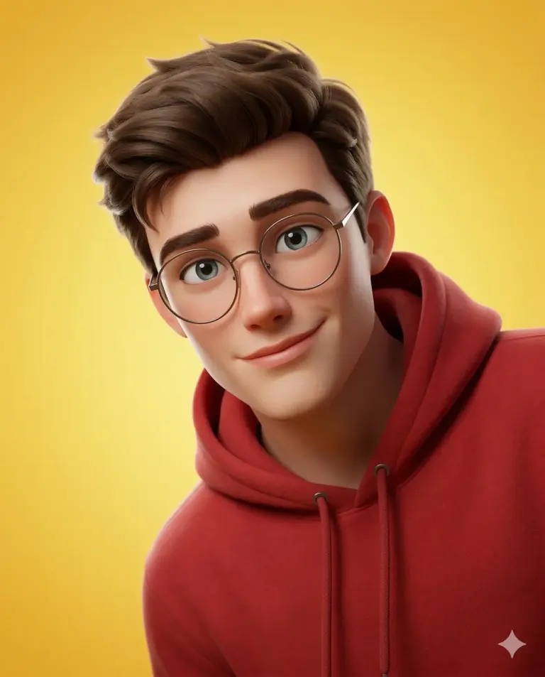 3D Avatar Red Hoodie AI Photo Editing Prompt. AI generated 3D digital illustration of a smiling young man with brown hair and glasses wearing a red hoodie against a vibrant yellow background.