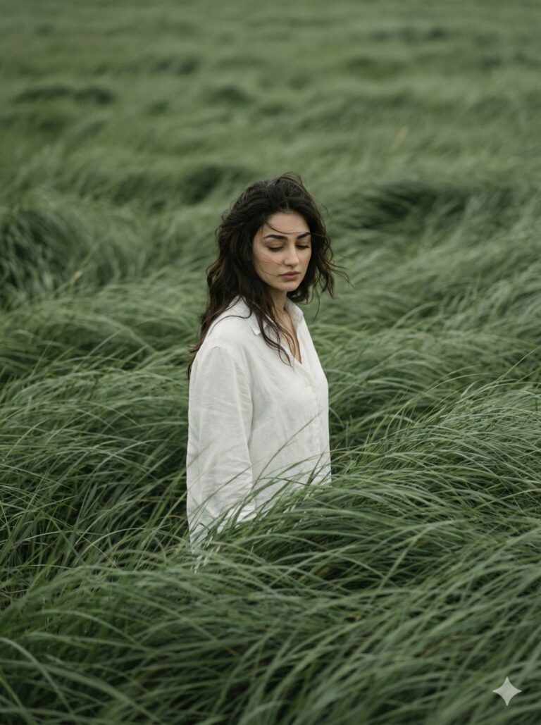 Woman in Tall Grass AI Photo Editing Prompt. AI generated portrait of a young woman in a white linen shirt standing in a field of tall, wavy green grass.