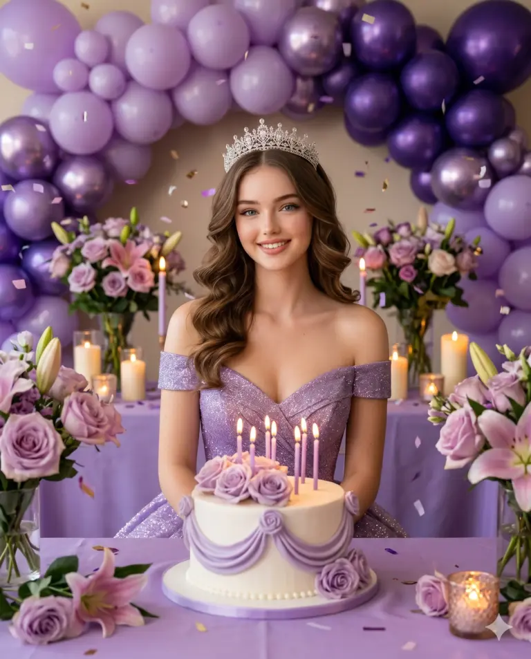 Woman Birthday Celebration Prompt. AI generated studio portrait of a smiling young woman wearing a tiara and glittery purple dress behind a birthday cake surrounded by purple balloons.