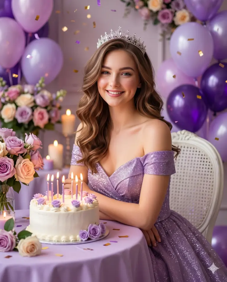 Woman in Purple Gown Celebrating Birthday AI Photo Editing Prompt. AI generated studio portrait of a smiling woman wearing a tiara and glittery purple gown next to a birthday cake and balloons.
