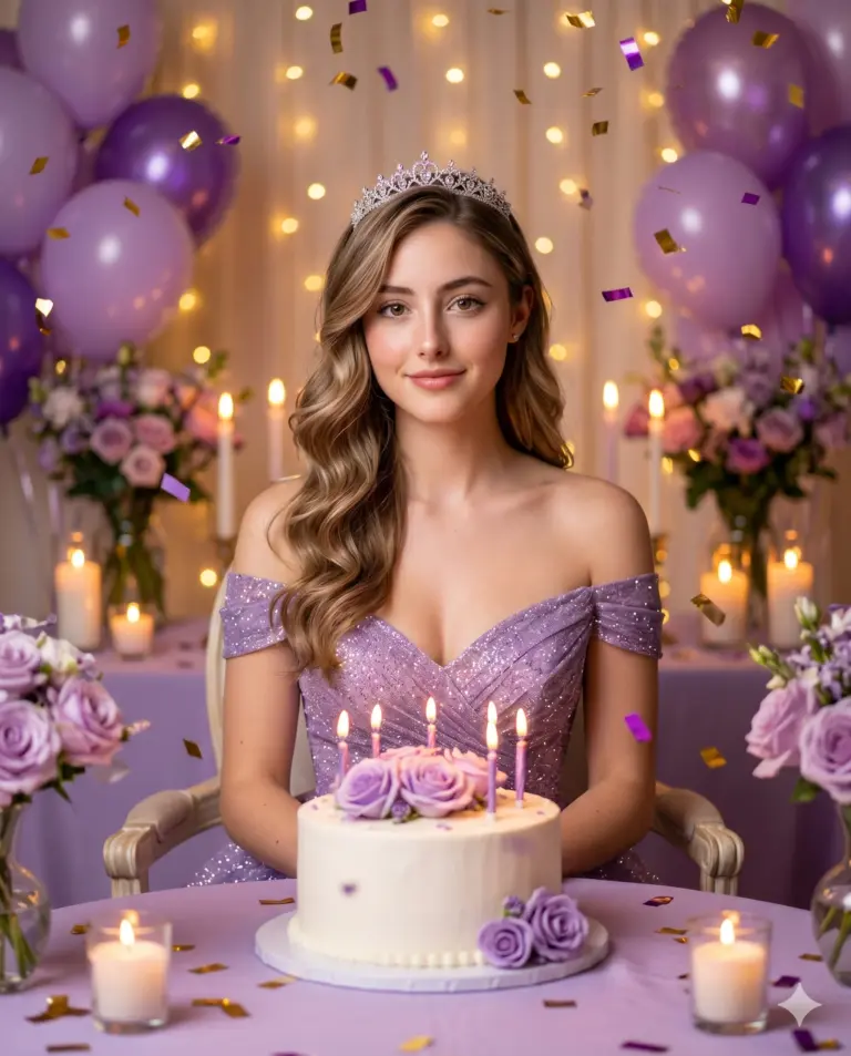 Woman in Tiara with Birthday Cake AI Photo Editing Prompt. AI generated studio portrait of a young woman in a sparkling purple dress and tiara sitting behind a lit birthday cake surrounded by purple balloons and fairy lights.