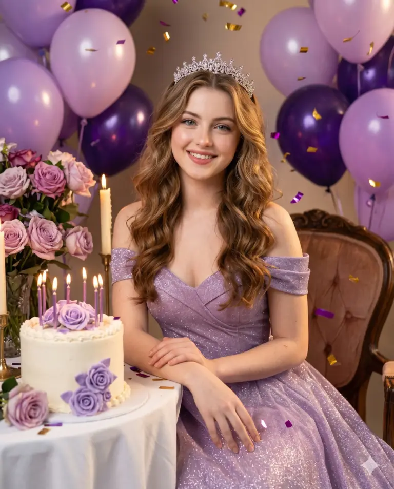 AI generated portrait of a smiling young woman in a sparkly purple gown and tiara celebrating with a floral cake, balloons, and confetti.
