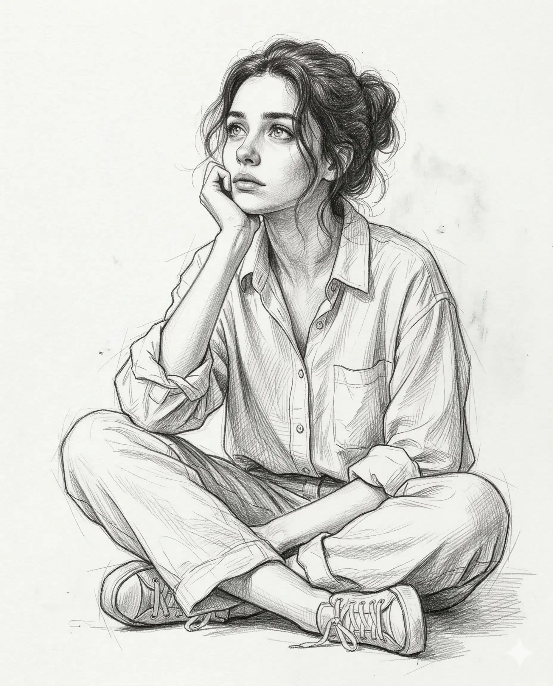 Thinking Woman Pencil Sketch AI Photo Editing Prompt. AI generated pencil sketch illustration of a thoughtful young woman sitting cross-legged on the floor while looking upward.